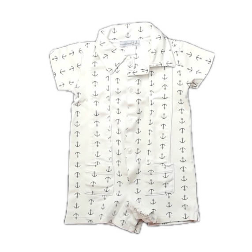 Feather Baby Boys White | Gray Anchors Romper size: 6-9 Months